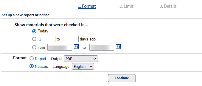 Checked in materials report, format